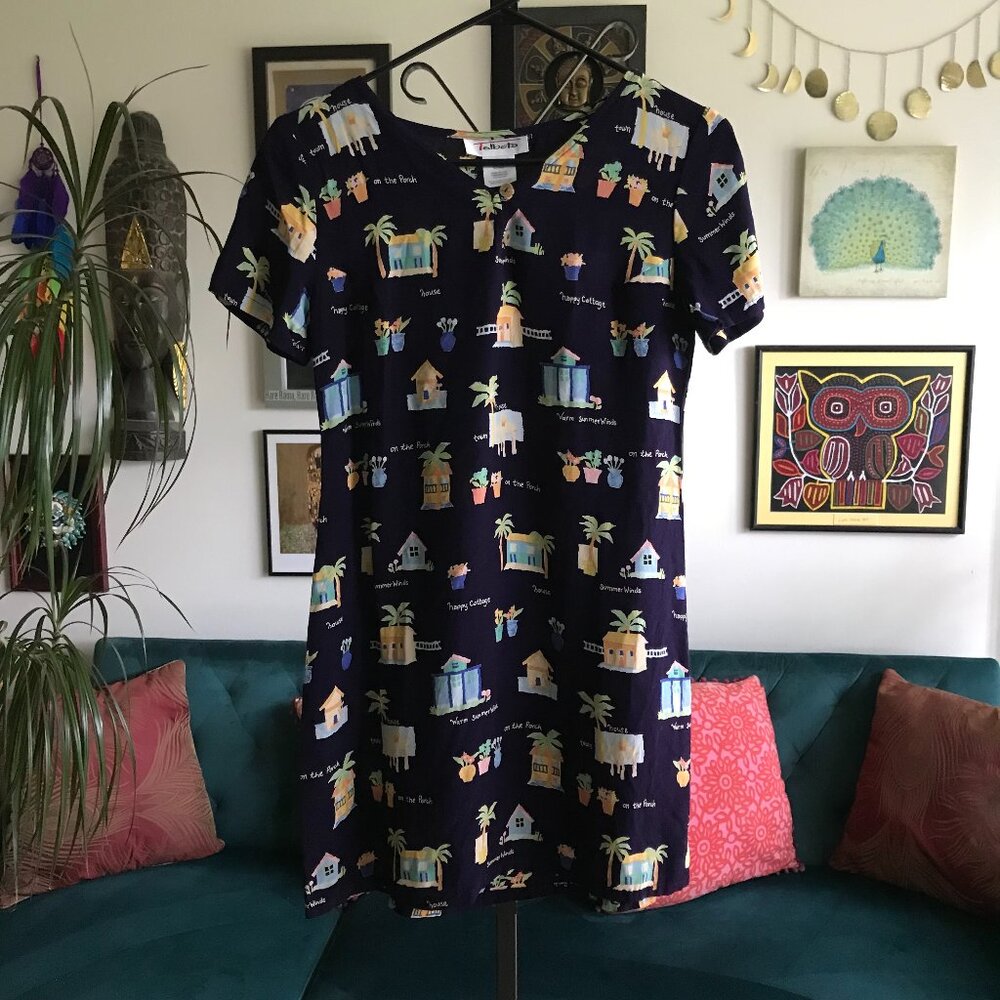 TALBOTS size 4 Navy Blue Whimsical Happy Cottage Summer Winds Print Mini Dress